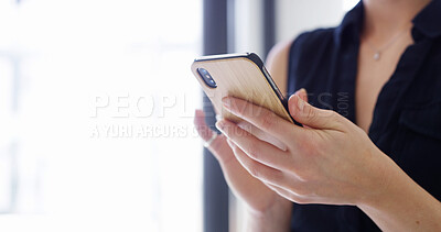 Buy stock photo Hands, communication and texting with smartphone, office and schedule for business meeting on social media. Closeup, receptionist and person with mobile for networking, chatting or employee with tech