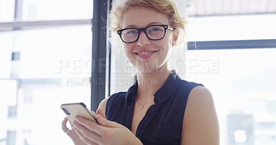 Buy stock photo Business, smartphone and woman in office, portrait and connection with social media, writer and glasses. Person, email or journalist with cellphone, eyewear and research for article and report
