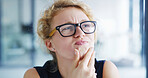 Thinking, confused and woman with ideas, office and writer with decision for novel, glasses and serious. Contemplating, editor and thoughtful for project in business, wondering or person with choice