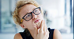 Thinking, creative and woman with options, office and writer with decision for novel, glasses and serious. Contemplating, editor and thoughtful for project in business, wondering or person with ideas