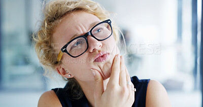Buy stock photo Thinking, creative and woman with options, office and writer with decision for novel, glasses and serious. Contemplating, editor and thoughtful for project in business, wondering or person with ideas