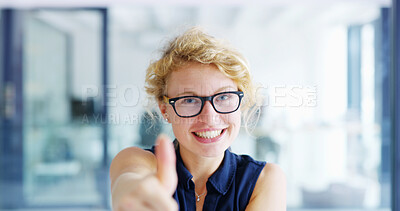 Buy stock photo Happy woman, portrait and creative designer with thumbs up at office for good job or well done. Face, female person or glasses with smile, like emoji or yes sign for okay, approval or great work