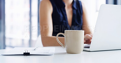 Buy stock photo Laptop, hands and coffee with business person in office caffeine fix, energy boost and company report. Antioxidants, aroma and espresso with mug and employee in agency for beverage and latte drink