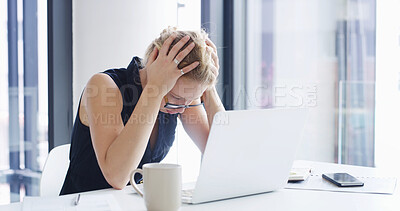 Buy stock photo Frustrated woman, laptop and headache with stress for business crisis, financial loss or debt at office. Female person, employee or migraine with anxiety on computer for mistake or fail at workplace