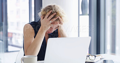Buy stock photo Stress, business woman and laptop with headache for financial crisis, loss or debt in office. Female person, employee or migraine with anxiety on computer for bankruptcy, mistake or fail at workplace