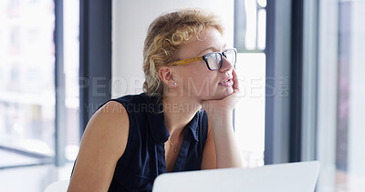 Buy stock photo Daydreaming, writer and woman with ideas, office and planning for story with laptop in creative agency. Contemplating, editor and thoughtful for project with tech, online and person with glasses