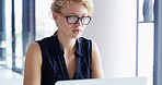 Business, laptop and woman in office, online reading and internet with editing, connection and network. Person, employee and journalist in workplace, computer or research for article, pc and deadline
