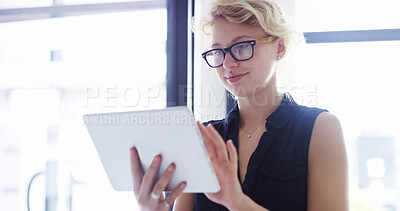 Buy stock photo Happy woman, business and creative with tablet for design, communication or research at office. Female person, designer or employee with smile on technology for online news, browsing or schedule app