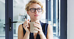 Daydreaming, serious and woman with coffee, business and planning for project in agency or thinking. Contemplating, writer and thoughtful for novel in office, creative and person with tea in morning