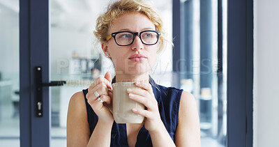 Buy stock photo Daydreaming, serious and woman with coffee, business and planning for project in agency or thinking. Contemplating, writer and thoughtful for novel in office, creative and person with tea in morning