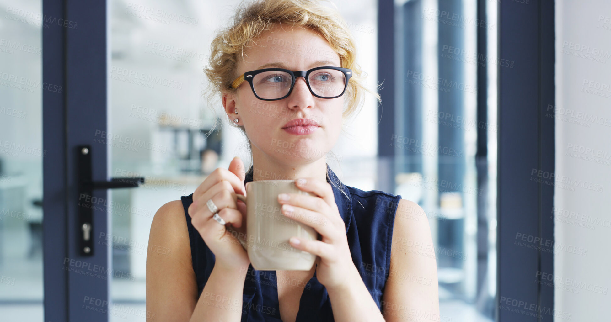 Buy stock photo Daydreaming, serious and woman with coffee, business and planning for project in agency or thinking. Contemplating, writer and thoughtful for novel in office, creative and person with tea in morning