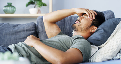 Buy stock photo Fatigue, man and sleeping with migraine in home with stress, dream and burnout on sofa. Tired, male person and headache with brain fog for exhaustion, overworked and anxiety crisis for health issues