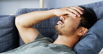 Buy stock photo Tired, man and sleeping with migraine at house for stress,  dream and nap for burnout. Fatigue, male person and headache with brain fog for exhaustion, overworked and anxiety crisis for health issues