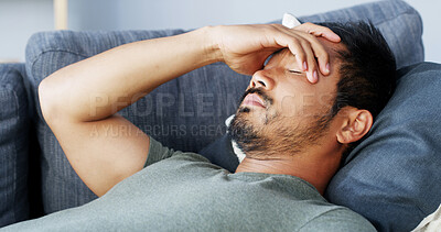 Buy stock photo Tired, man and sleeping with headache at house for stress,  dream and burnout on sofa. Fatigue, male person and migraine with brain fog for exhaustion, overworked and anxiety crisis for health issues