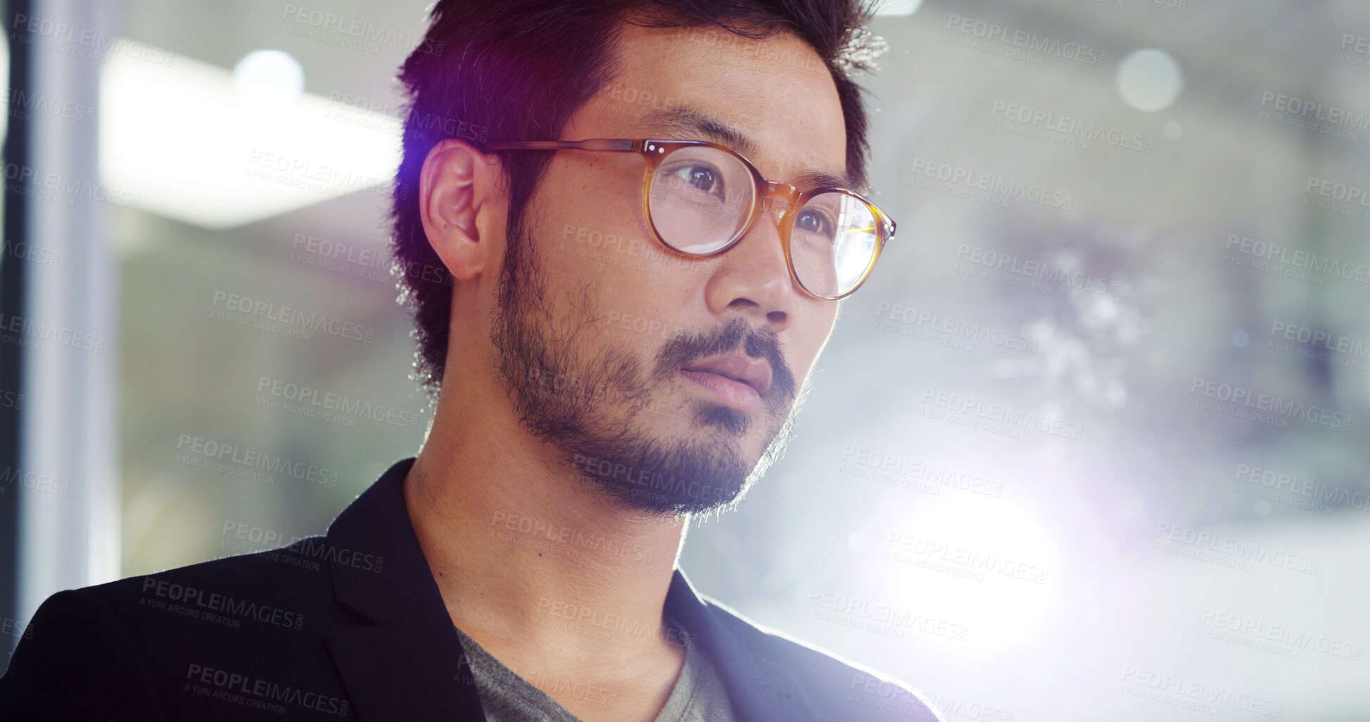Buy stock photo Business, thinking and Asian man in office, decision or lens flare with contemplation. Japanese person, professional or artistic director in workplace, studio designer or problem solving with glasses