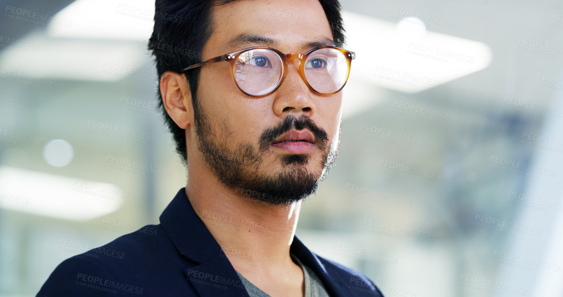 Buy stock photo Thinking, glasses and business Asian man in office for planning, brainstorming and ideas for presentation. Professional, corporate and person with board for solution, problem solving and proposal