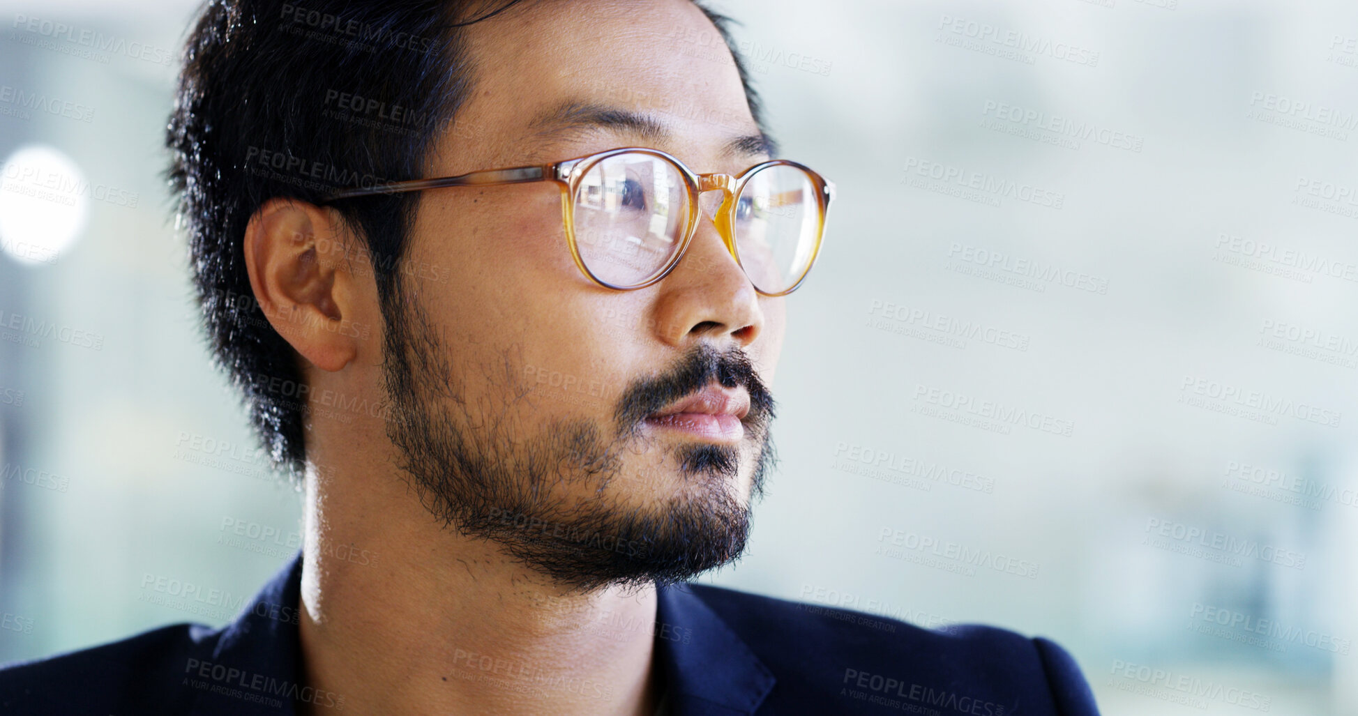 Buy stock photo Thinking, glasses and businessman in office for planning, brainstorming and decision for company project. Professional, corporate and Asian person with ideas for solution, problem solving and space