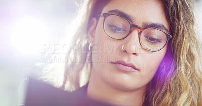 Buy stock photo Reading, glasses or woman on tablet in startup for online performance, report information and blog research. Engagement, closeup and content strategist with digital trends or social media app growth