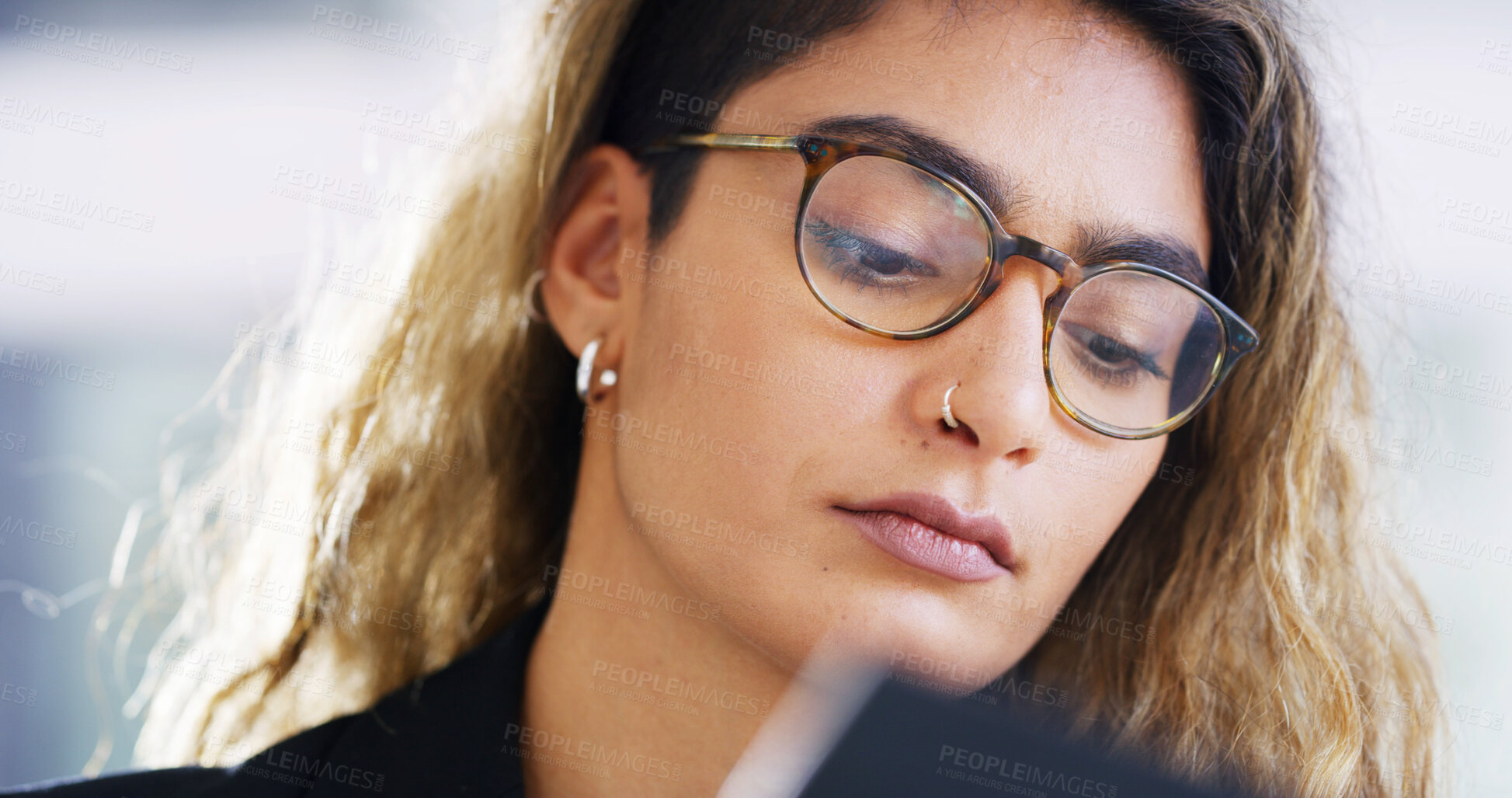 Buy stock photo Reading, glasses or woman on tablet in office for online performance, report information and blog research. App, startup review and content strategist with digital trends or social media engagement