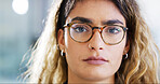 Portrait, vision and woman with glasses for optometry, eye care or health at store. Face, frame or serious person with spectacles for eyesight correction, ophthalmology or prescription lens in UK