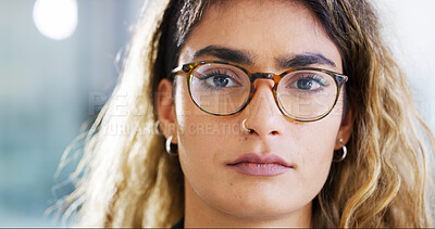 Buy stock photo Portrait, vision and woman with glasses for optometry, eye care or health at store. Face, frame or serious person with spectacles for eyesight correction, ophthalmology or prescription lens in UK