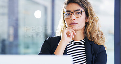Buy stock photo Thinking, business and woman in office, computer and confidence with connection, copywriting and glasses. Face, laptop and employee in workplace, eyewear and journalist with magazine editor