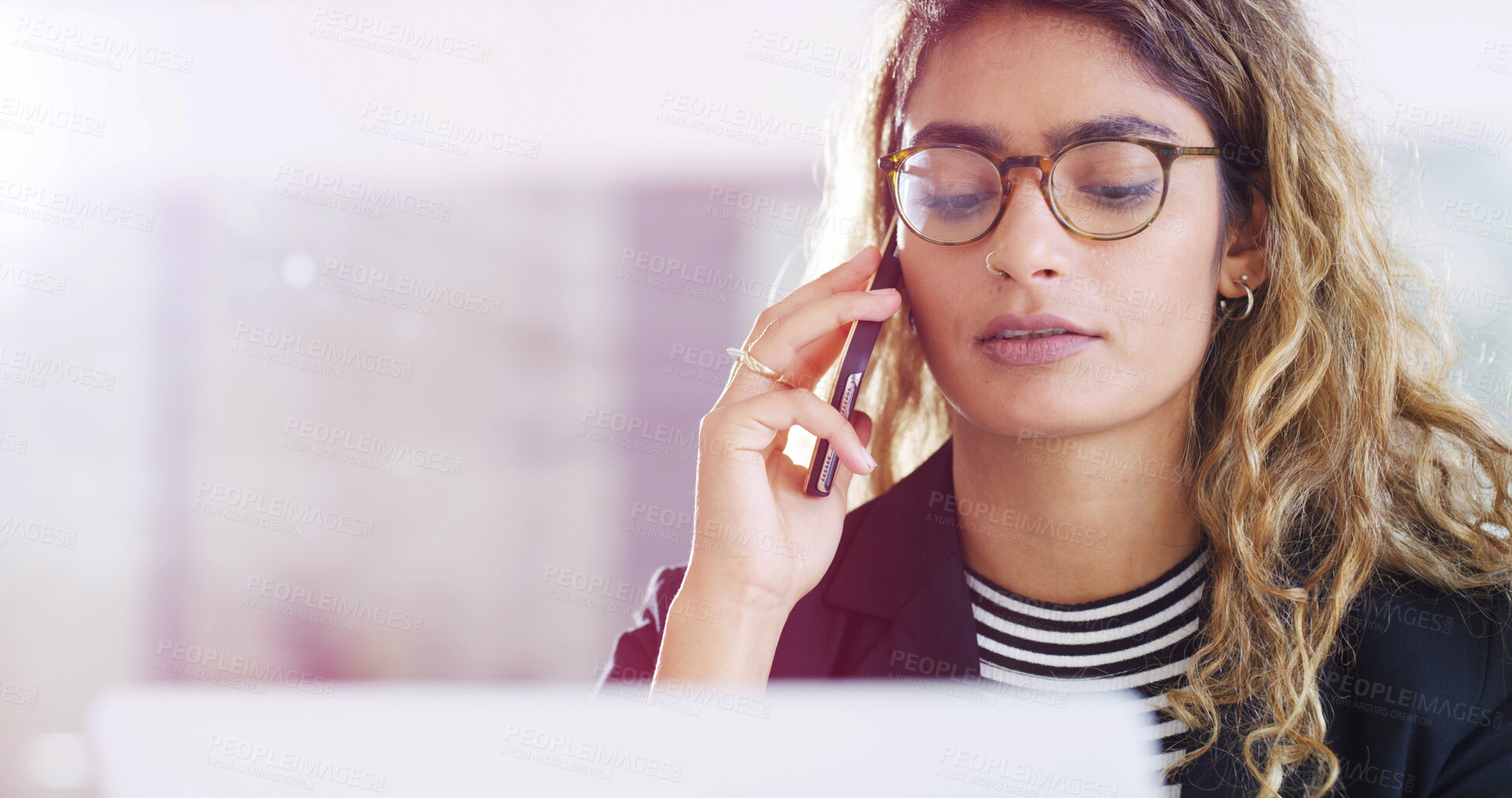 Buy stock photo Phone call, laptop and business woman in office for planning, schedule or research. Serious, networking and administration with female employee in agency for communication, technology or connection