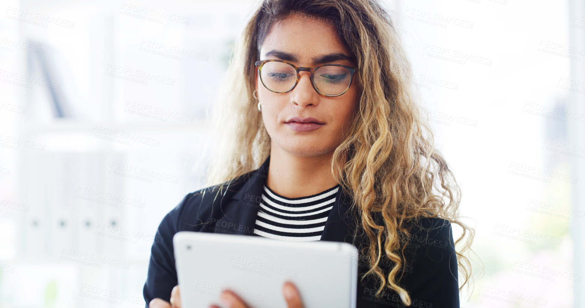 Buy stock photo Reading, business or woman on tablet in startup for online performance, report information and blog research. App, glasses and content strategist with digital trends or social media engagement