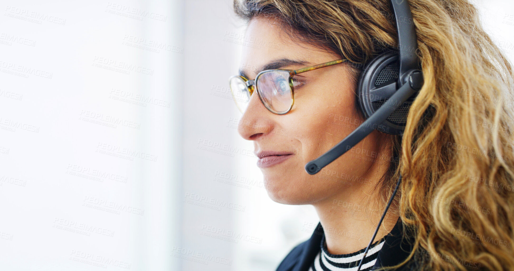 Buy stock photo Consultant, call center and woman consulting with microphone for customer support, help desk and advice. Telemarketing, space and happy agent with inbound query, online assistance or friendly service