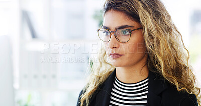 Buy stock photo Reading, business or woman on computer in startup for online performance, report update and blog research. Engagement, glasses and content strategist with digital trends or social media app growth