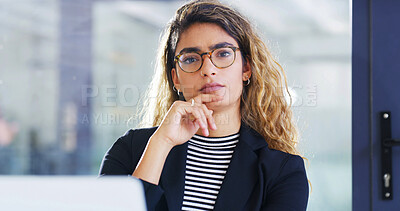 Buy stock photo Portrait, thinking and business woman in office for planning, schedule or research. Laptop, networking and administration with female employee in agency for communication, technology or connection