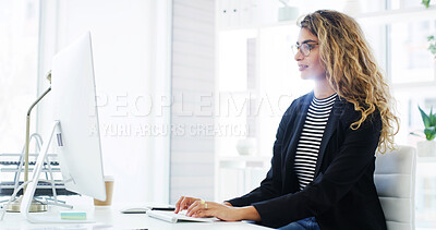 Buy stock photo Business, research or woman on computer in office for online performance, report information or blog update. Newsletter, article or content strategist with digital trends or social media app growth