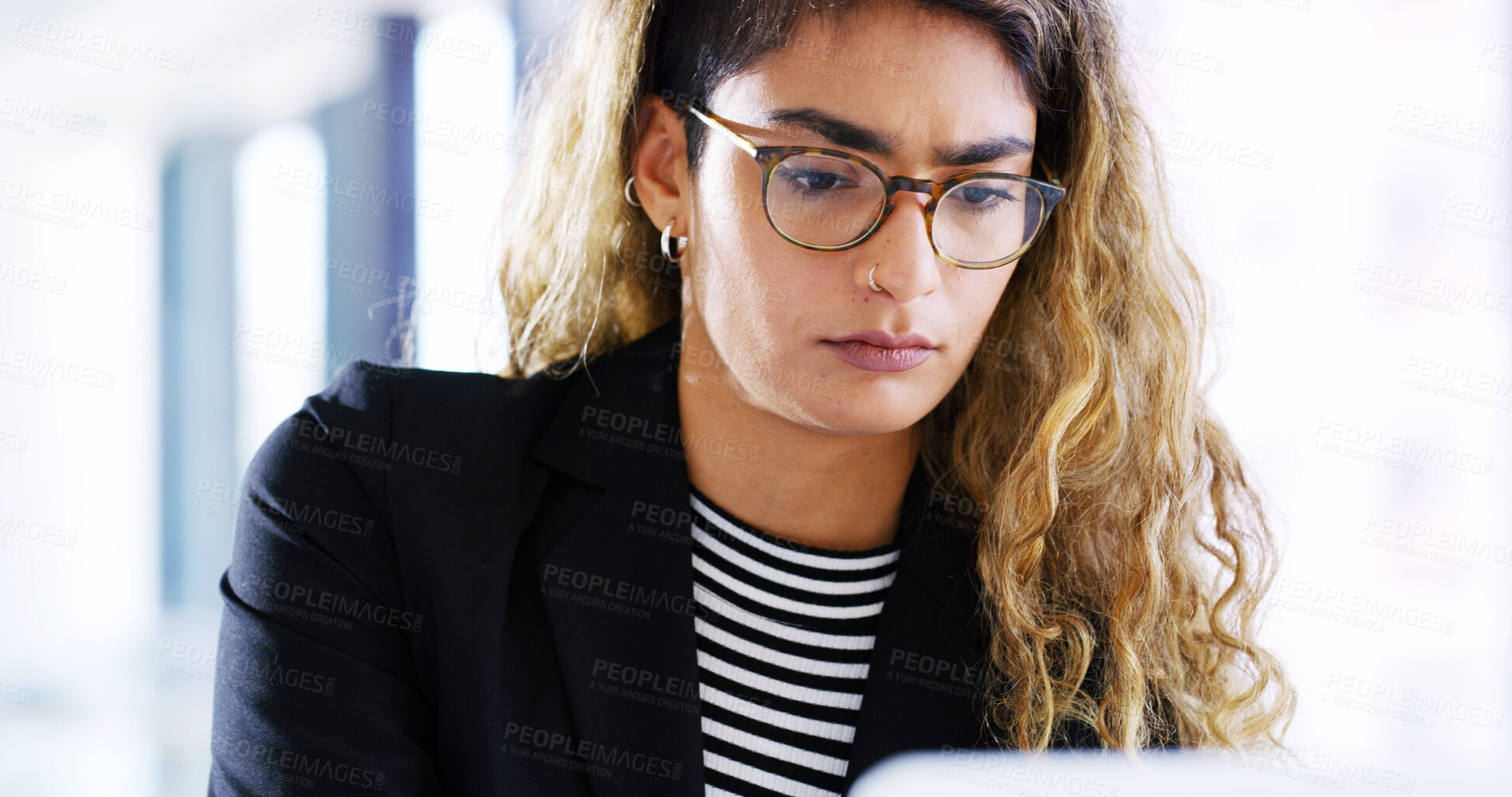 Buy stock photo Reading, serious or woman on tablet in startup for online performance, report information or blog research. News, problem solving and content strategist with digital trends or social media app growth