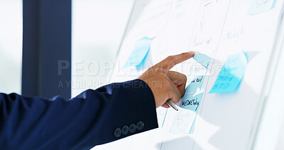 Buy stock photo Business person, hands and pointing with sticky notes for schedule planning, agenda or tasks at office. Closeup, whiteboard and employee with ideas for reminder, proposal or calendar at workplace