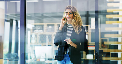 Buy stock photo Creative, business woman or discussion with phone call for proposal, ideas or communication at office. Female person, employee or designer with mobile smartphone for conversation or chat at workplace
