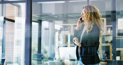 Buy stock photo Woman, creative designer and talking with phone call at office for discussion, conversation or chat. Female person, business or employee with mobile smartphone for communication, proposal or ideas