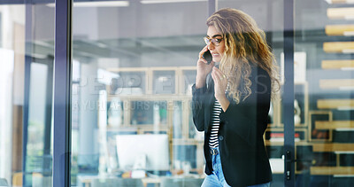 Buy stock photo Creative, business woman or conversation with phone call for proposal, ideas or communication at office. Female person, employee or designer with mobile smartphone for discussion or chat at workplace