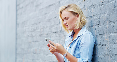 Buy stock photo Happy, phone and woman in city typing for online chat, social media and internet post in town. Relax, street and person on cellphone for message, text and notification on holiday, weekend or vacation