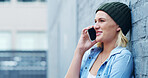 Happy, phone call and woman in city for talking, connection and conversation. Relax, street and person on cellphone for online chatting, communication and contact on holiday, weekend and vacation