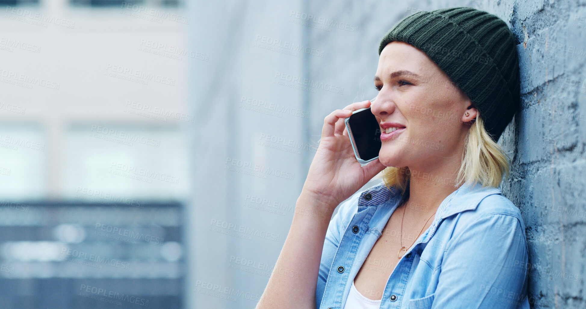 Buy stock photo Happy, phone call and woman in city for talking, connection and conversation in urban town. Relax, networking and person on cellphone for online chatting, communication and contact on weekend