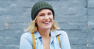 Buy stock photo Happy, student and portrait of woman in city for travel, adventure and explore town on weekend. Relax, wall background and face of person on break for learning, education and excited outdoors