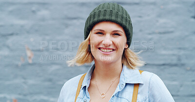 Buy stock photo Smile, student and portrait of woman in city for travel, adventure and explore town on weekend. Happy, wall background and face of person on campus break for university, college and school outdoors