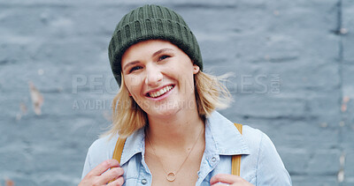 Buy stock photo Happy, student and portrait of girl in city for travel, adventure and explore town on weekend. Relax, wall background and face of person with backpack for university, college or campus break outdoors