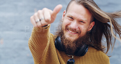 Buy stock photo Thumbs up, happy and portrait of man in city with hand gesture for success, support and approval. Smile, urban town and person with emoji, sign and symbol for agreement, good news and okay outdoors