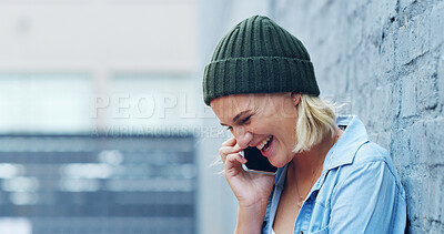 Buy stock photo Happy, phone call and woman laugh in city for talking, connection and funny conversation. Relax, street and person on cellphone for online chatting, communication and contact on weekend in town