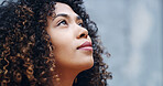 Woman, thinking and looking up with ambition for creative dream, inspiration or wonder on a wall background. Profile, female person or thoughtful model with perspective, idea or contemplating choices