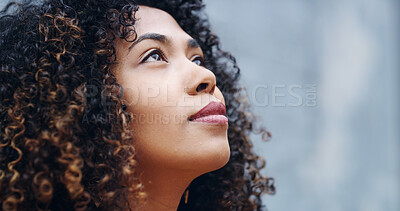 Buy stock photo Woman, thinking or looking up with ambition for creative dream, inspiration or wonder on space. Profile, female person or thoughtful remember with perspective, idea or contemplating choice for memory