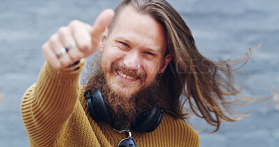 Buy stock photo Thumbs up, smile and portrait of man in city with hand gesture for success, support and approval. Happy, urban town and person with emoji, sign and symbol for agreement, good news and okay outdoors