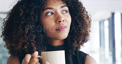 Buy stock photo Woman, office and thinking with coffee for morning beverage, start or beginning at workplace. Face, female person or thoughtful designer with caffeine or drink in wonder for ambition or inspiration