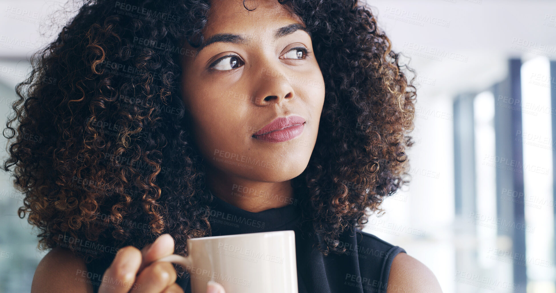 Buy stock photo Woman, office and thinking with coffee for morning beverage, start or beginning at workplace. Face, female person or thoughtful designer with caffeine or drink in wonder for ambition or inspiration